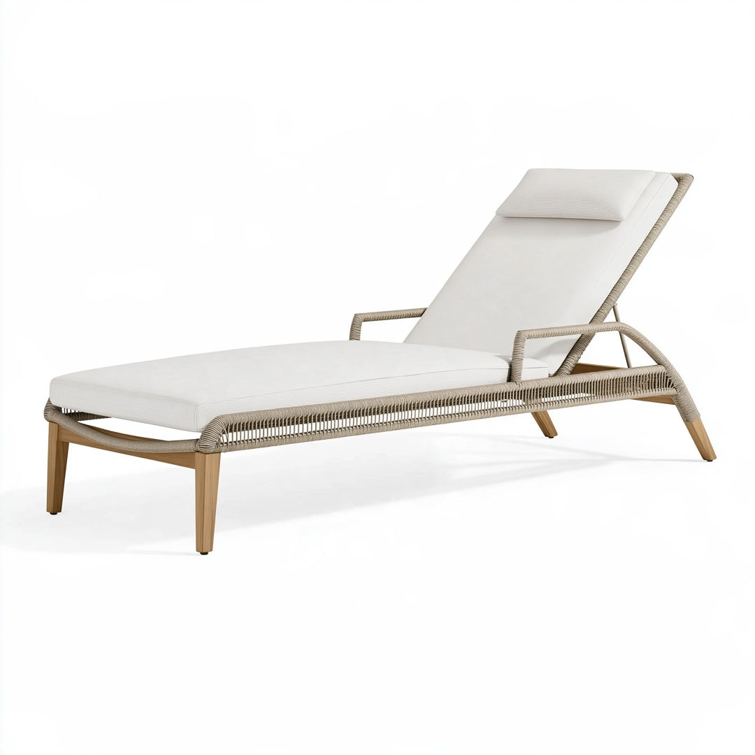 Lettino prendisole PAVRIXO in legno e corda intrecciata beige con materassino reclinabile da esterno, misura 200x75x85 cm