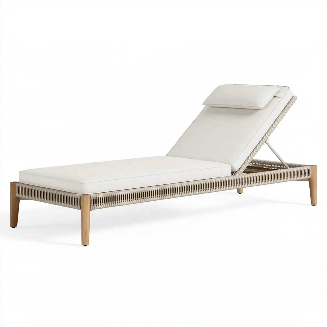Lettino prendisole da esterno PAVRIXO in legno e corda beige, schienale reclinabile, misura 200 x 70 cm, ideale per il relax all'aperto.
