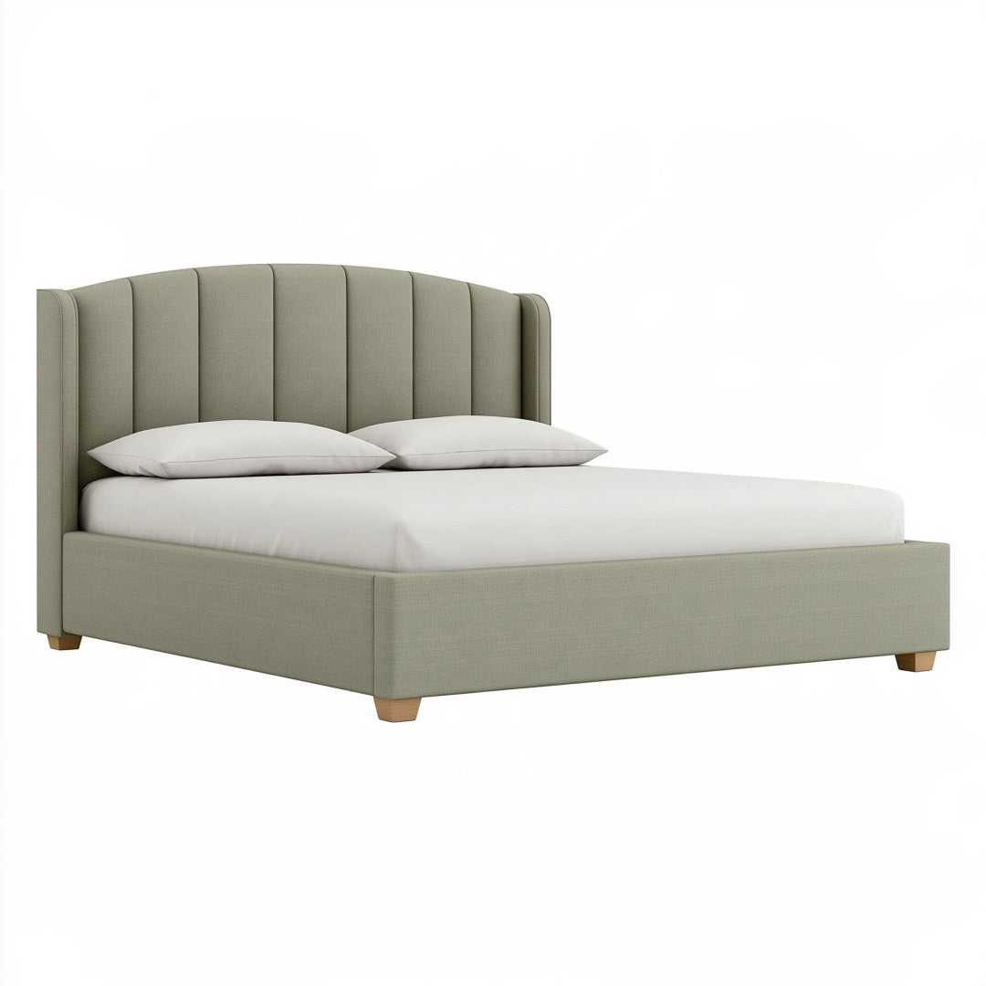 Letto matrimoniale PAVRIXO 160x200 cm in tessuto verde salvia con testiera imbottita stile moderno.