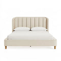 Letto matrimoniale PAVRIXO 160x200 cm in similpelle crema con testiera imbottita a pannelli, vista frontale e dettagli della testiera