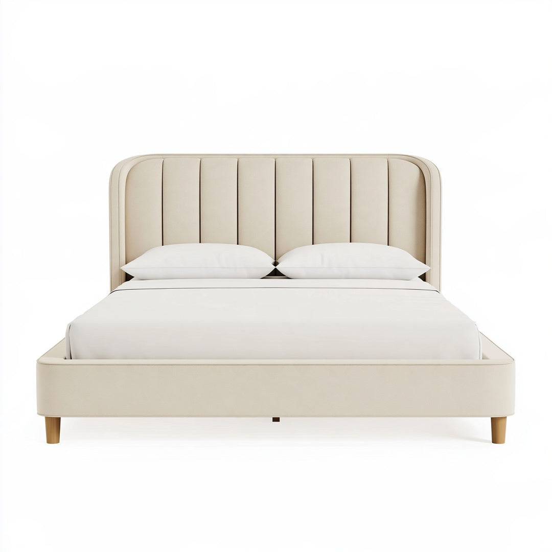 Letto matrimoniale PAVRIXO 160x200 cm in similpelle crema con testiera imbottita a pannelli, vista frontale e dettagli della testiera