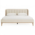 Letto matrimoniale imbottito beige 160x200 cm con struttura in legno stile moderno, marca PAVRIXO.