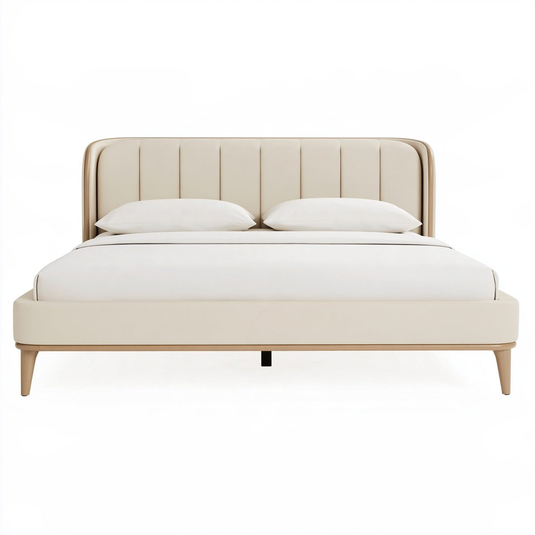 Letto matrimoniale imbottito beige 160x200 cm con struttura in legno stile moderno, marca PAVRIXO.