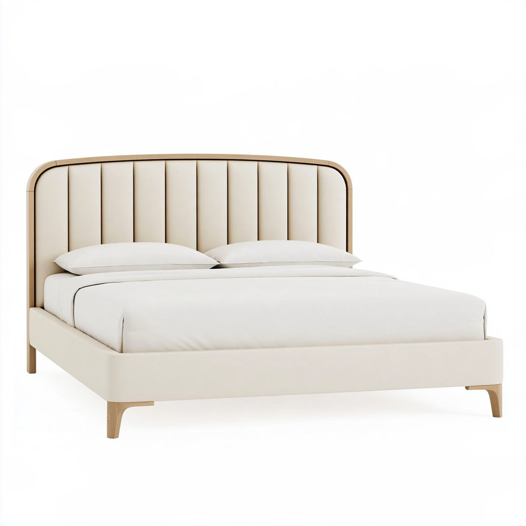 Letto matrimoniale PAVRIXO imbottito color crema, struttura in legno, stile moderno, dimensioni 160x200 cm.