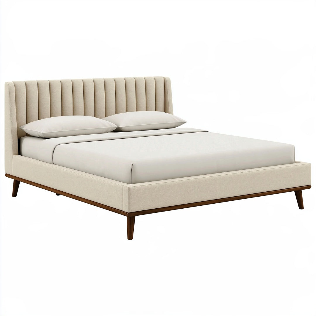 Letto matrimoniale beige imbottito con testiera scanalata in stile moderno, misura 160x200 cm, marca PAVRIXO.