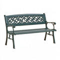Panchina da giardino PAVRIXO in metallo verde scuro con schienale decorativo, misura 122x60x87 cm, ideale per esterni.