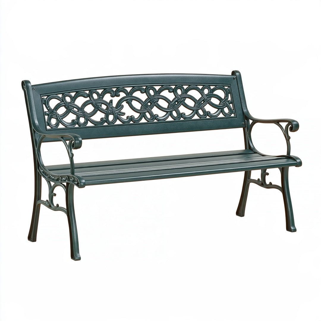 Panchina da giardino PAVRIXO in metallo verde scuro con schienale decorativo, misura 122x60x87 cm, ideale per esterni.