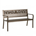 Panchina da giardino PAVRIXO in metallo marrone con schienale floreale, misura 120x60x90 cm, ideale per esterni.