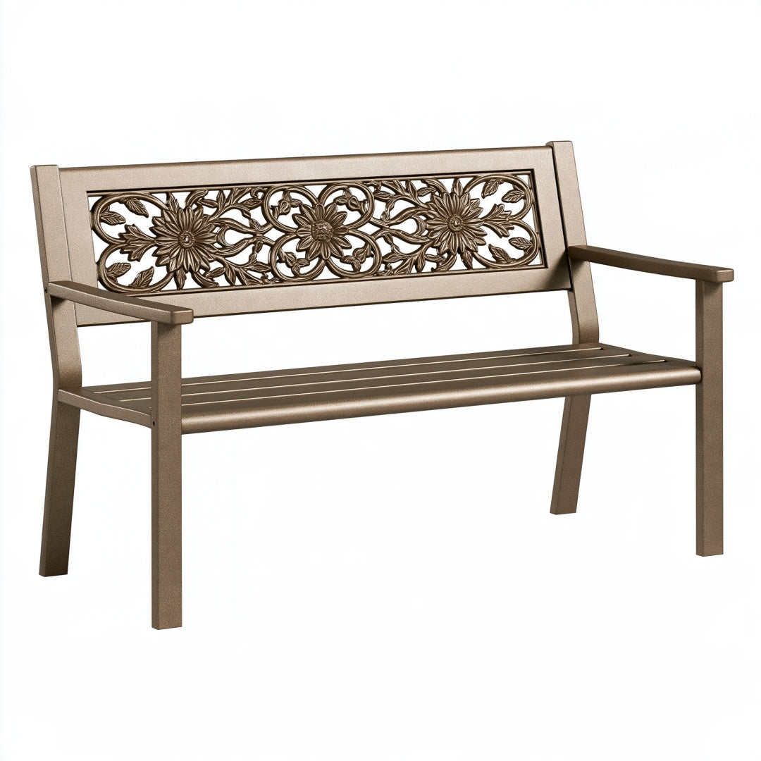 Panchina da giardino PAVRIXO in metallo bronzo lunga 122 cm con schienale floreale decorativo
