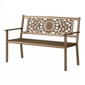 Panchina da giardino PAVRIXO in metallo bronzo, 122x61x91 cm, con schienale floreale classico e dettagli decorativi.