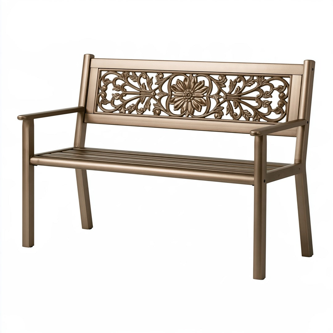 Panchina da giardino PAVRIXO in metallo bronzo con schienale floreale classico, dimensioni 122x60x92 cm, seduta elegante.