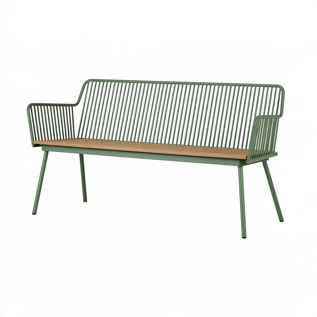 Panca da giardino PAVRIXO in acciaio e legno verde, seduta due posti, stile moderno, dimensioni 150x60x83 cm