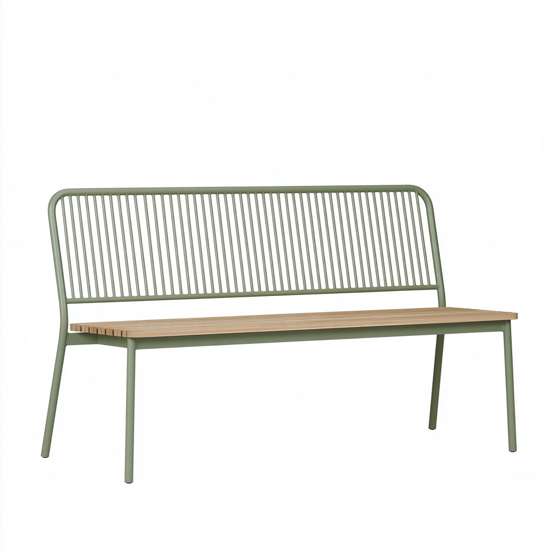 Panchina da giardino PAVRIXO in metallo e legno verde, stile moderno, misura 120x50x85 cm, ideale per esterni.