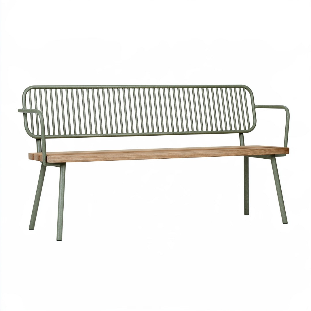 Panchina da giardino PAVRIXO di 150 cm in metallo verde e legno naturale, stile contemporaneo, per esterni.