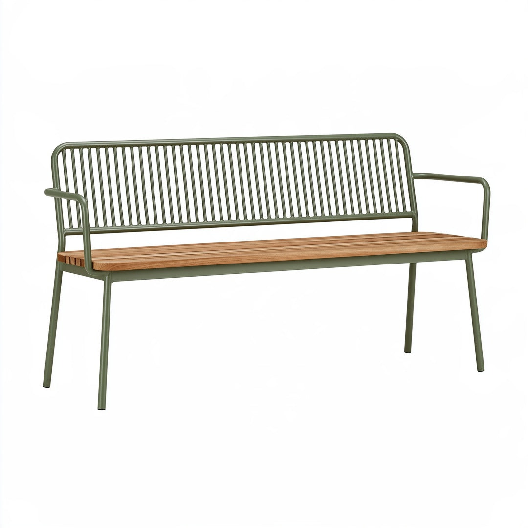 Panchina da giardino PAVRIXO in metallo e legno verde oliva, stile moderno con braccioli, ideale per esterni.
