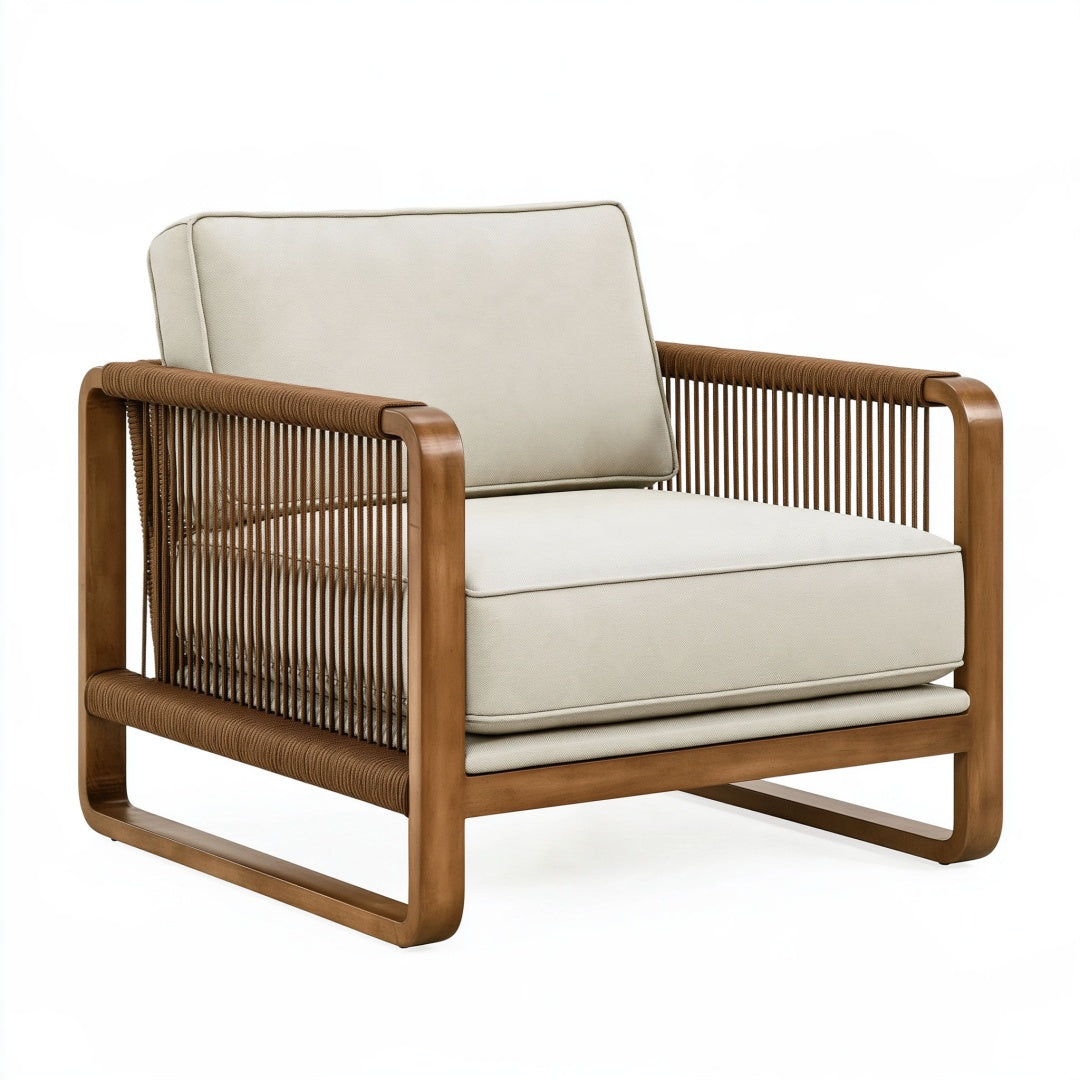 Poltrona PAVRIXO in legno marrone con rivestimento beige e dettagli in corda, stile contemporaneo, dimensioni 80x78x82 cm