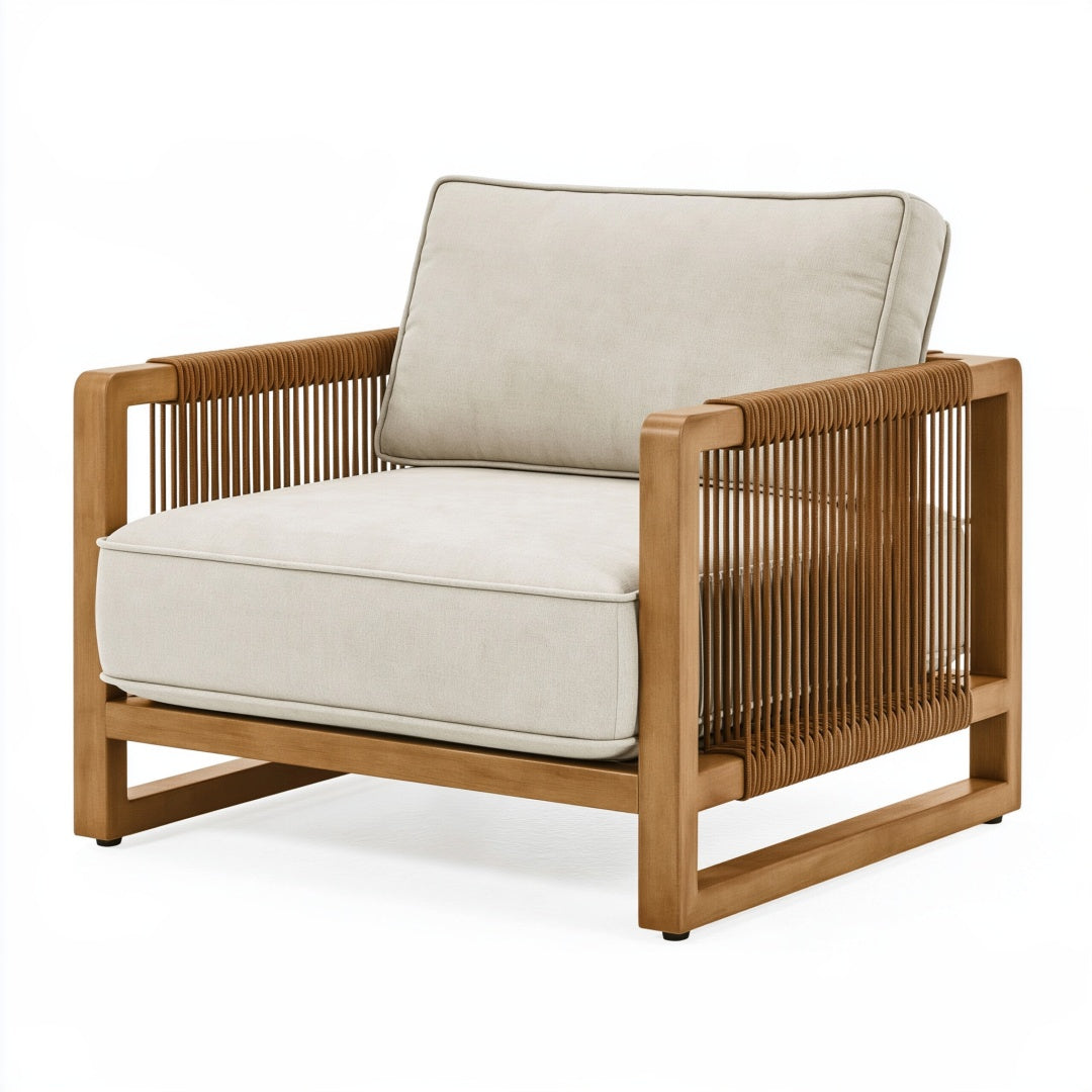 Poltrona PAVRIXO in legno e corda marrone con seduta beige, stile contemporaneo, dimensioni 85x80x83 cm.