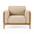 Poltrona PAVRIXO in tessuto beige con struttura in legno intrecciato, dimensioni 85x85x82 cm, stile naturale.