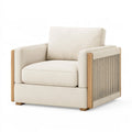 Poltrona PAVRIXO in tessuto beige con struttura in legno e corda, stile contemporaneo, dimensioni 95x85x82 cm.