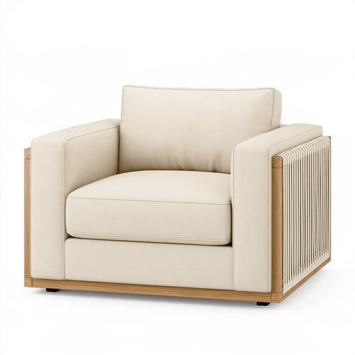 Poltrona PAVRIXO in tessuto beige con struttura in legno e corda, stile contemporaneo, misura 95x85x80 cm.