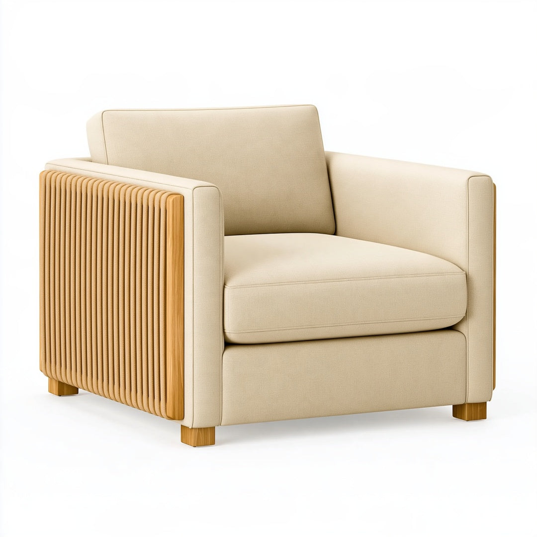 Poltrona PAVRIXO in tessuto beige con struttura in legno, moderna e elegante, misura 90x85x80 cm, ideale per soggiorno.