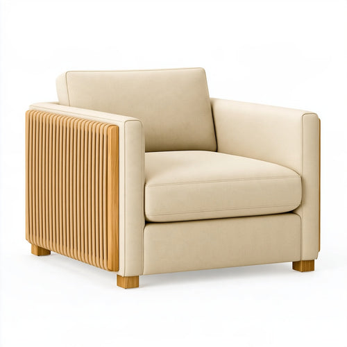 Poltrona PAVRIXO in tessuto beige con struttura in legno, moderna e elegante, misura 90x85x80 cm, ideale per soggiorno.