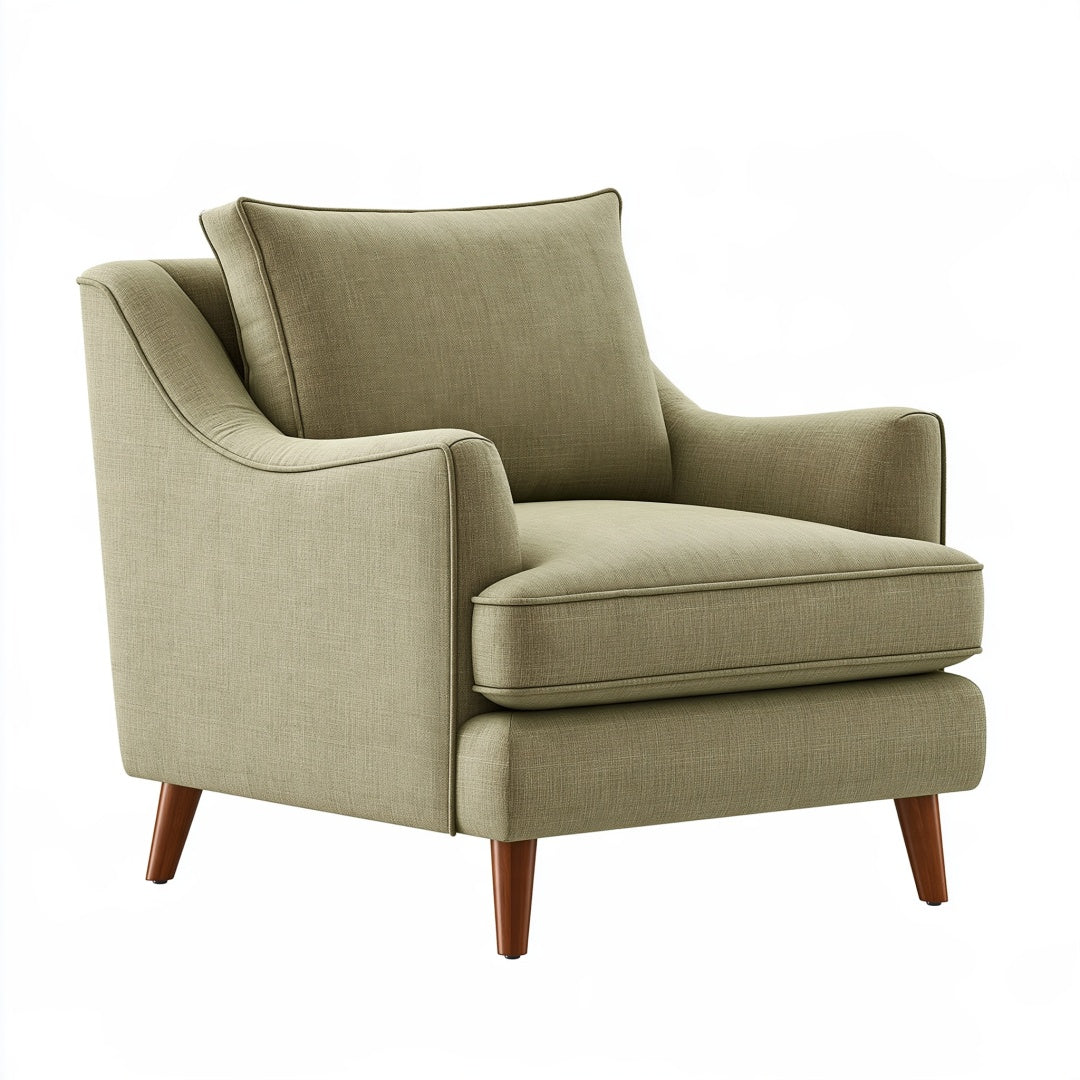 Poltrona PAVRIXO in tessuto verde salvia con gambe in legno, stile moderno, dimensioni 85x90x88 cm, seduta comoda e elegante.