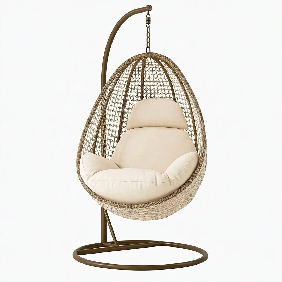 Poltrona sospesa PAVRIXO in intreccio effetto rattan beige con supporto in acciaio, stile boho, dimensioni 105x105x195 cm