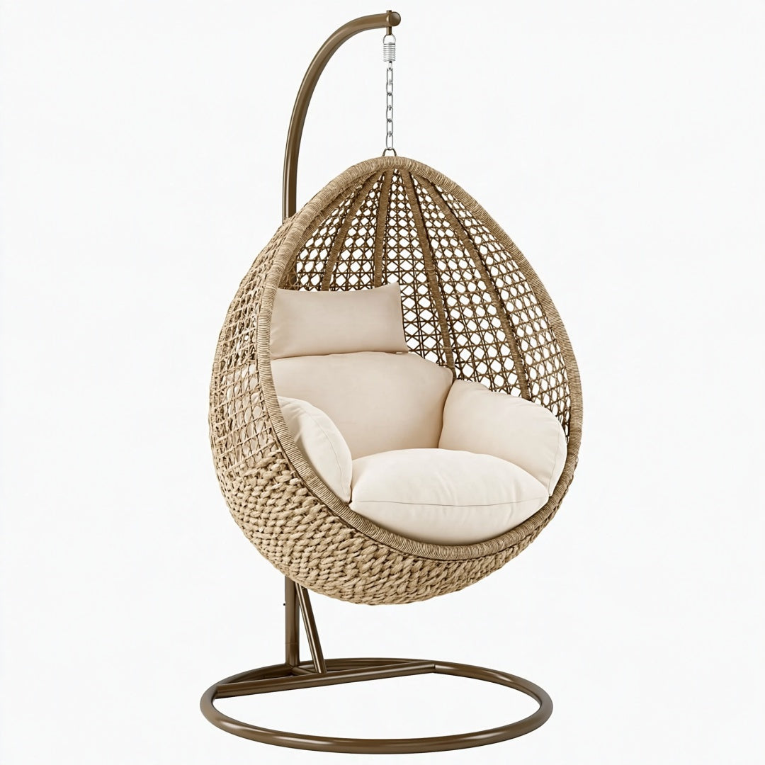 Poltrona sospesa PAVRIXO in fibra intrecciata beige con struttura in metallo, stile boho, misura 105x105x195 cm per interni.