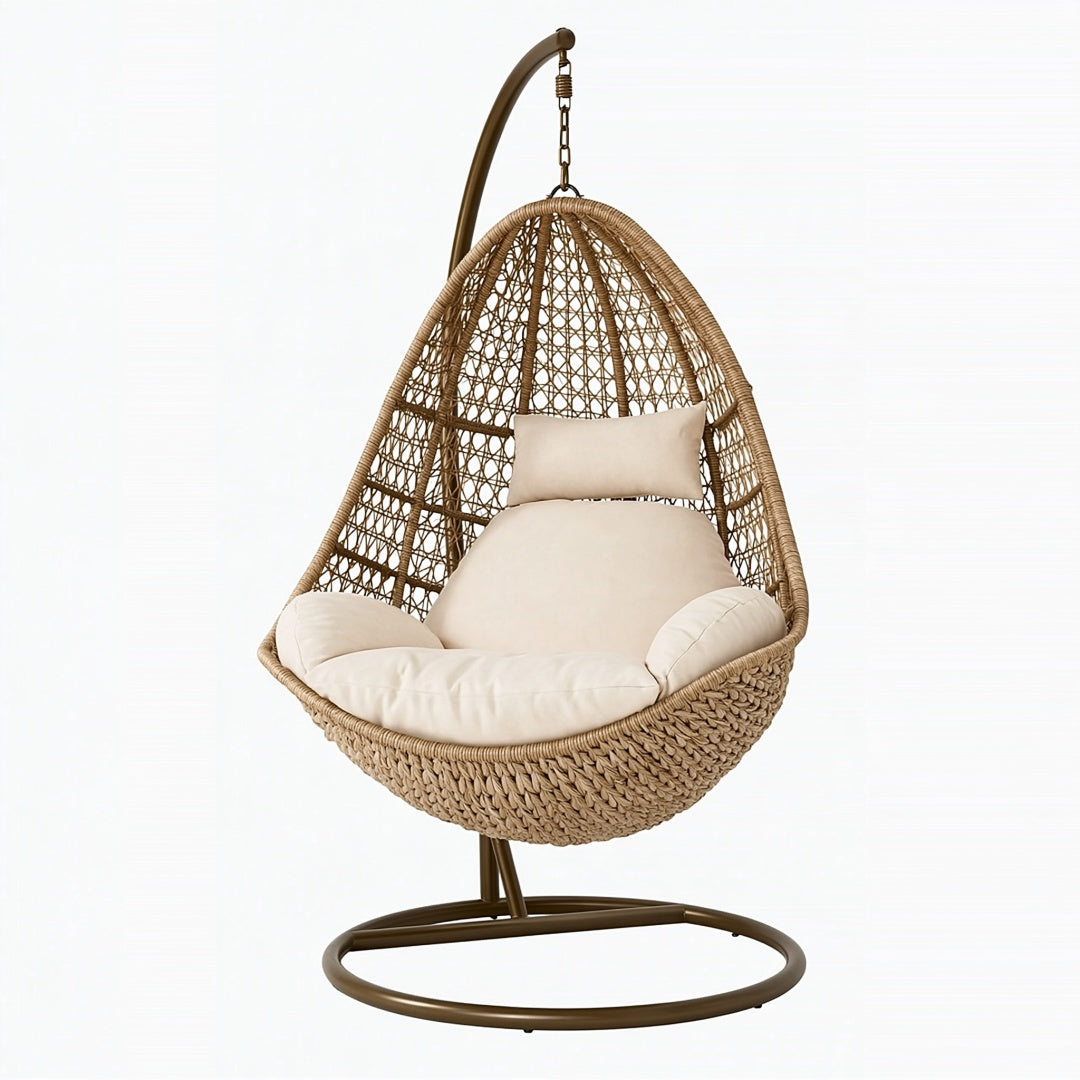 Poltrona sospesa PAVRIXO in fibra intrecciata marrone con struttura in metallo, dimensioni 105x105x195 cm, per relax.