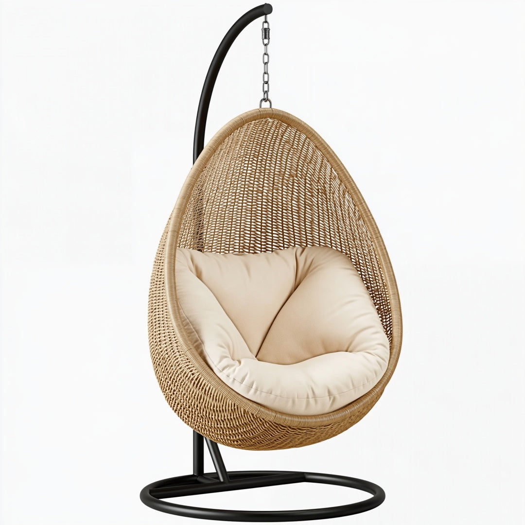 Poltrona sospesa PAVRIXO in fibra intrecciata beige con struttura in metallo nero, per interni, misura 105x105x195 cm