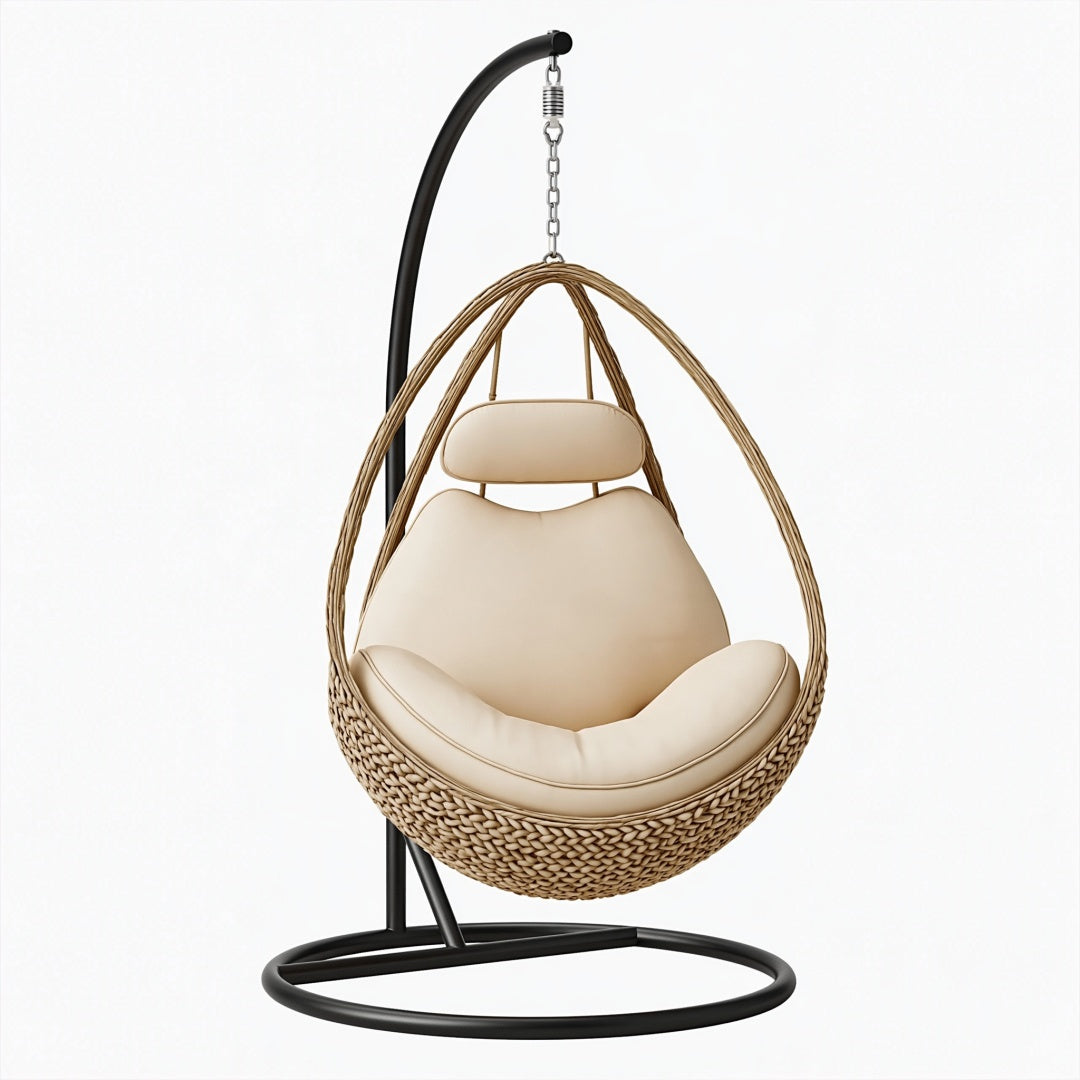 Poltrona sospesa PAVRIXO in fibra intrecciata beige con supporto in metallo nero, stile boho, dimensioni 105x105x195 cm