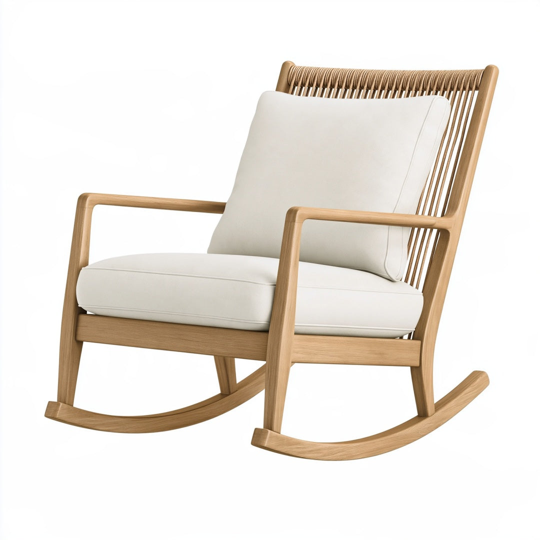 Sedia a dondolo PAVRIXO in legno e corda naturale, con seduta imbottita bianca in stile nordico, misura 70x95x100 cm