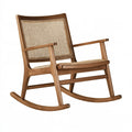 Sedia a dondolo PAVRIXO in legno marrone e rattan stile naturale, misura 100x65x105 cm, con seduta comoda e supporto elegante.