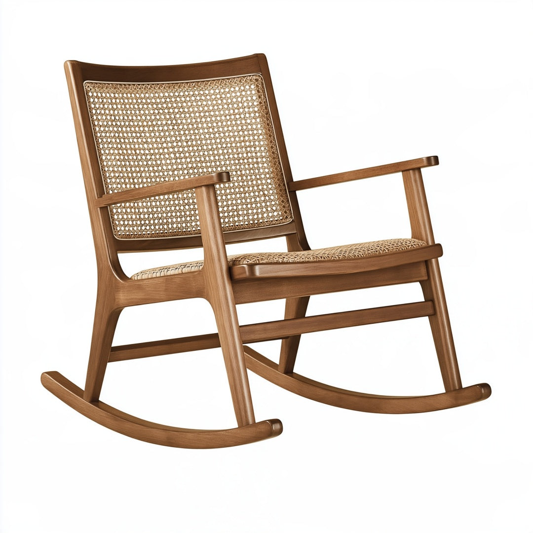 Sedia a dondolo PAVRIXO in legno marrone e rattan stile naturale, misura 100x65x105 cm, con seduta comoda e supporto elegante.