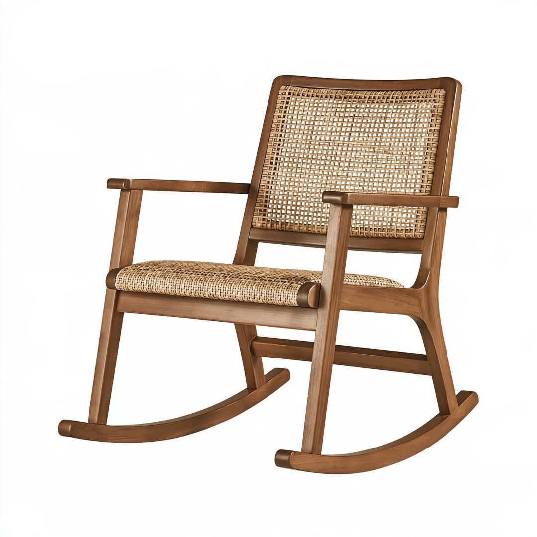 Sedia a dondolo PAVRIXO in legno e rattan marrone stile naturale, misura 62x90x98 cm, seduta comoda e stile elegante