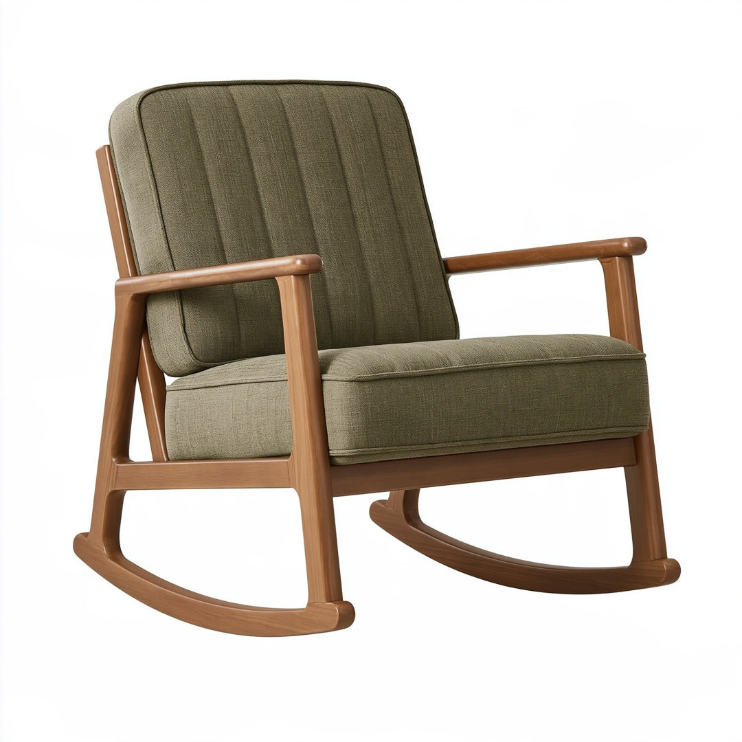 Sedia a dondolo PAVRIXO in legno e tessuto verde, stile moderno, dimensioni 68x90x98 cm, ideale per ambienti interni.
