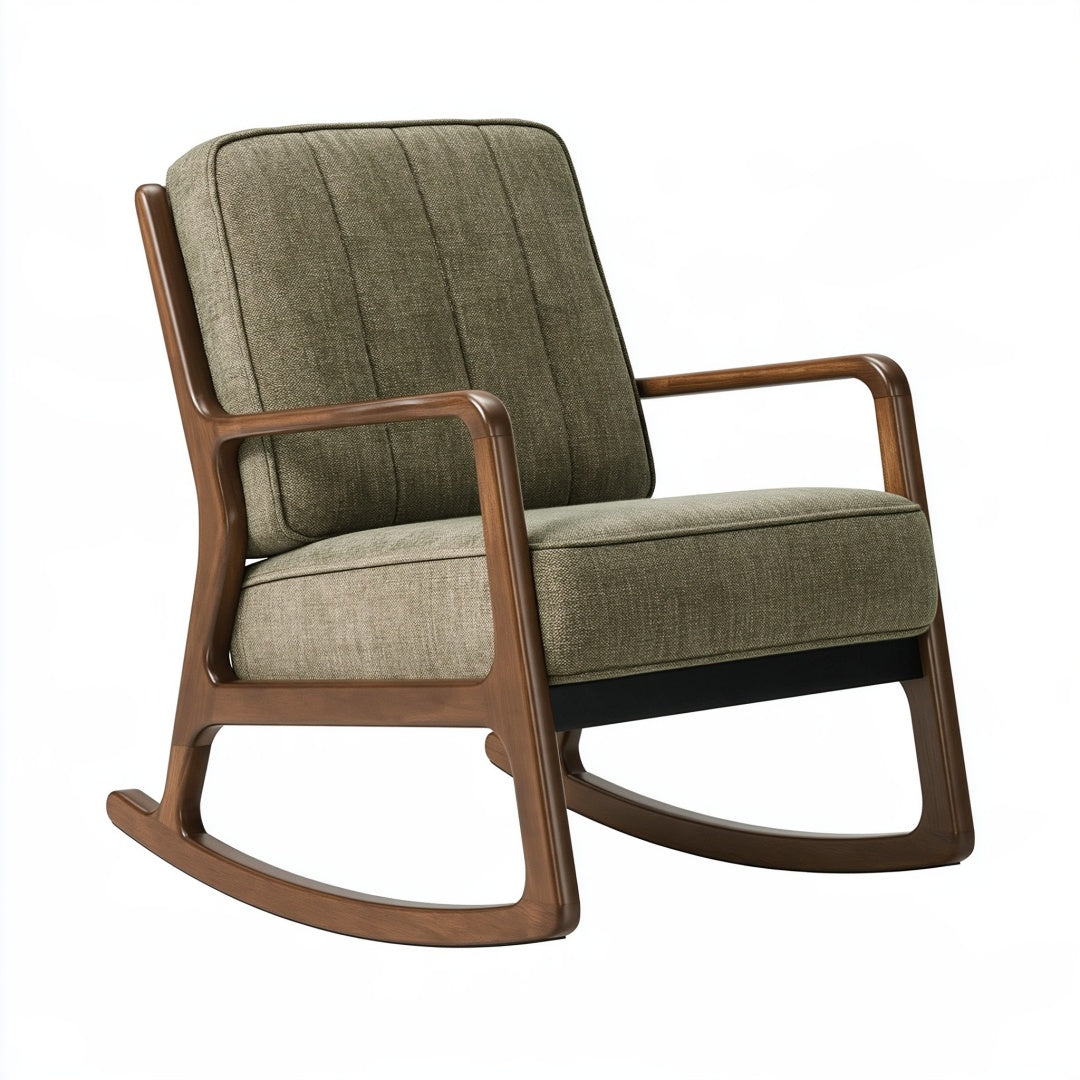 Sedia a dondolo PAVRIXO in tessuto verde oliva e struttura in legno marrone, stile moderno per soggiorno, dimensioni 90x70x92 cm