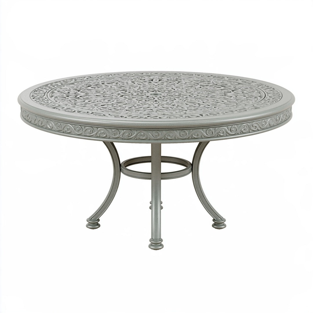 Tavolo da giardino rotondo PAVRIXO in alluminio grigio con piano decorato stile classico Ø122 cm