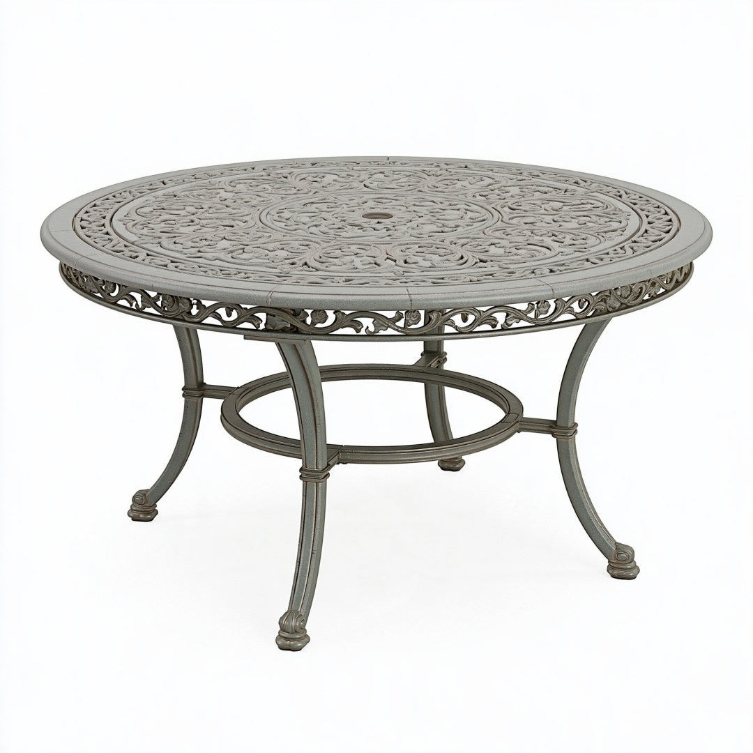 Tavolo da giardino rotondo PAVRIXO in metallo grigio, diametro 120 cm, altezza 74 cm, con foro per ombrellone