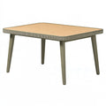 Tavolo da giardino rettangolare PAVRIXO in metallo e rattan sintetico beige oliva, dimensioni 160x90x75 cm.