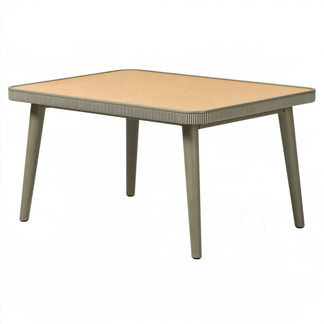 Tavolo da giardino rettangolare PAVRIXO in metallo e rattan sintetico beige oliva, dimensioni 160x90x75 cm.