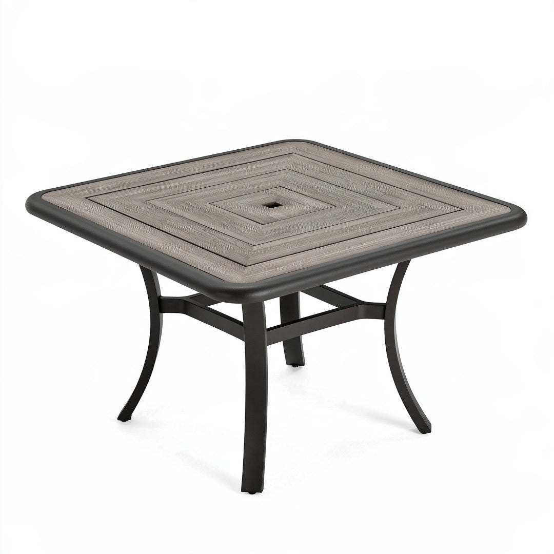 Tavolo da giardino quadrato PAVRIXO 90x90 cm in metallo nero e composito grigio effetto legno con foro per ombrellone