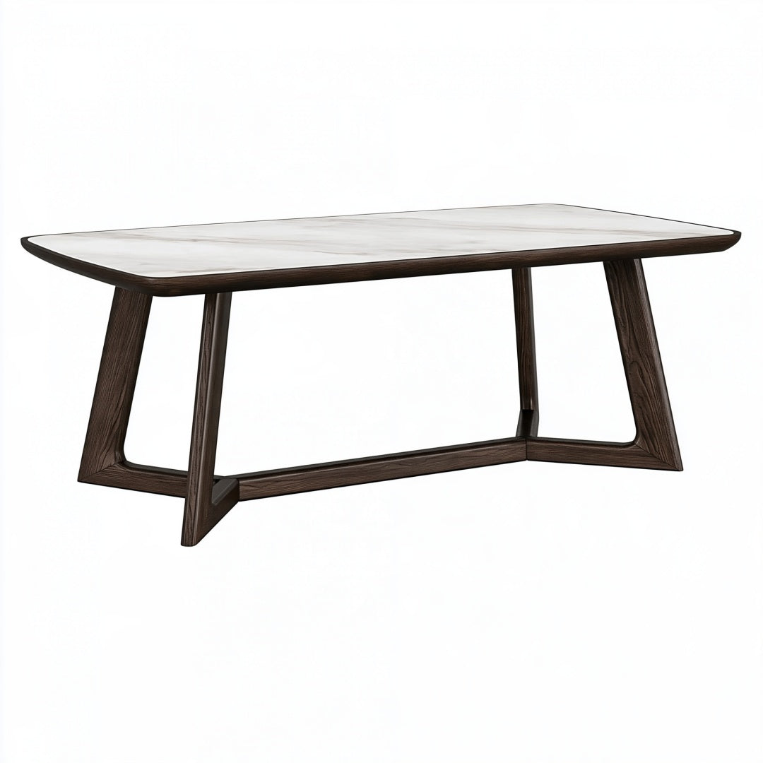 Tavolo da pranzo PAVRIXO 180x90 cm con piano effetto marmo e struttura in legno marrone scuro, stile contemporaneo