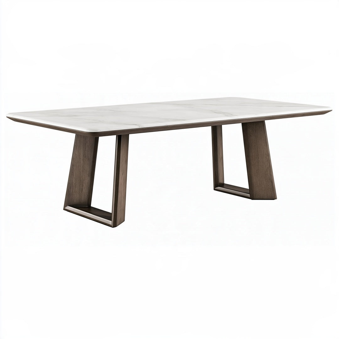 Tavolo da pranzo PAVRIXO 180x90 cm in effetto marmo bianco con struttura in legno marrone, stile moderno.