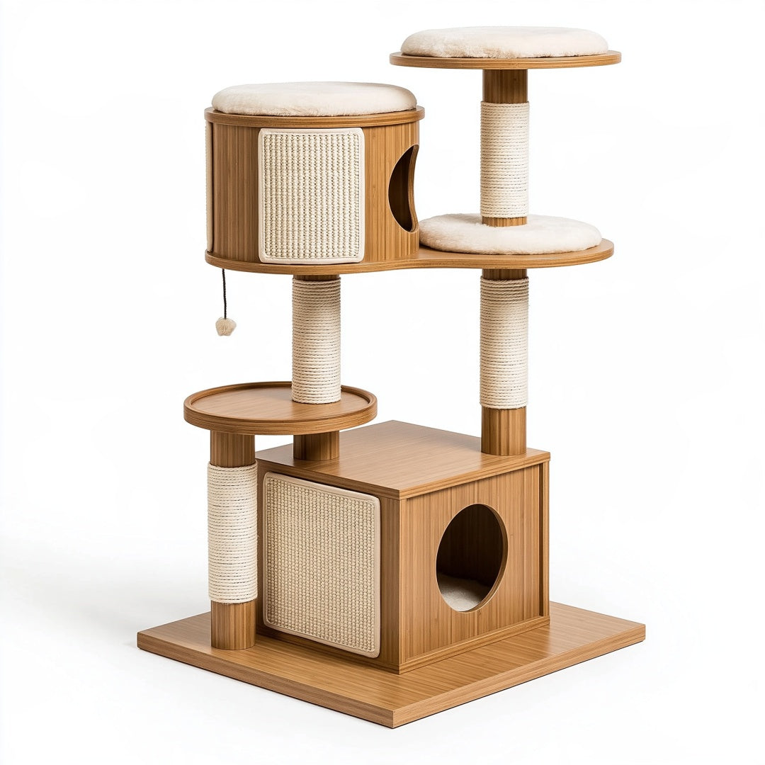 Tiragraffi per gatti PAVRIXO in legno marrone e sisal, con cucce moderne, dimensioni 60x50x150 cm, per divertimento e graffi