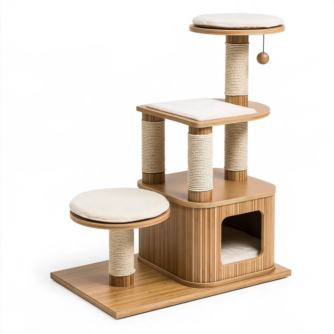 Tiragraffi per gatti PAVRIXO in legno beige con colonne in sisal e cuccia, dimensioni 60x50x120 cm, ambiente domestico